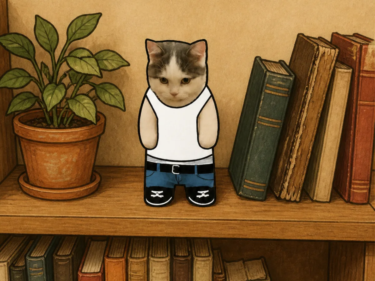 Money Cat standing between a plant and books